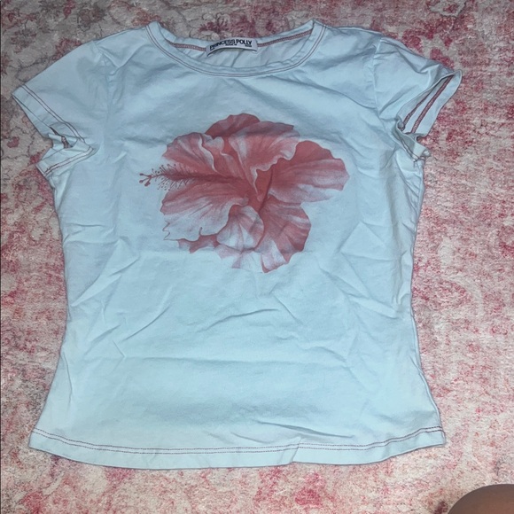 Princess Polly Tops - Women’s Baby Blue Tee with Pink Floral Print